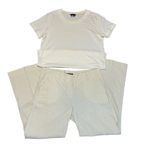 Theory Women's Cream Cotton Top And Linen Blend Pants Set Size Medium 6 - Picture 11 of 16